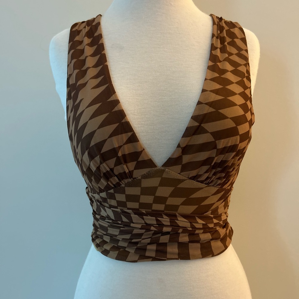 Brown and Black Fitted Wrap Crop Tank Top